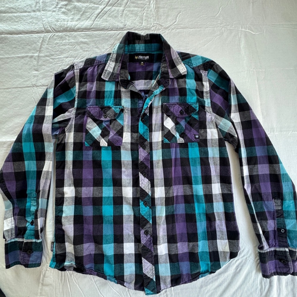 Zoo York Mens Plaid Button Down Shirt Purple Teal Black Excelsior Flannel Medium